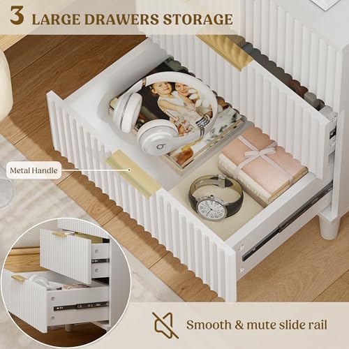 3 Drawers Nightstands Set of 2 w/Charging Station, Modern Fluted Dresser - Image 5