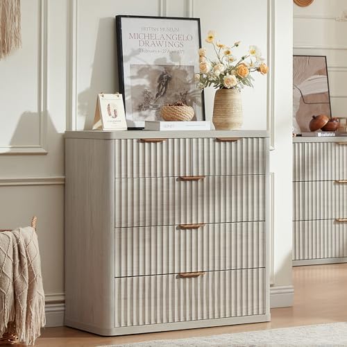 LEYAOYAO Fluted 5 Drawers Dresser for Bedroom Set of 2, 34" Tall Modern Chest of Drawers with Metal Handle, Curved Profile Design,Light Grey Wood Drawer Organizer for Bedroom, Living Room, Hallway - Image 4