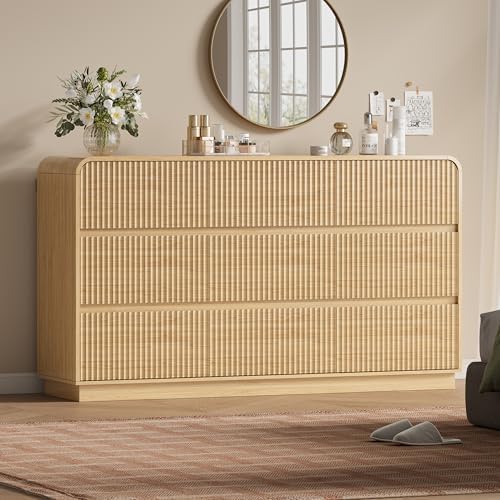 Wodeer Oak Dresser Fluted 9 Drawers Dresser for Bedroom, 59" Wide Wood Chest of Drawers with Hidden Handles & Rounded Corners, Modern TV Stand Storage Cabinet for Living Room, Hallway, Entryway by WODEER