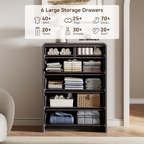 44" Tall 6 Drawers Fluted Dresser for Bedroom, Living Room, Black Walnut - Image 3