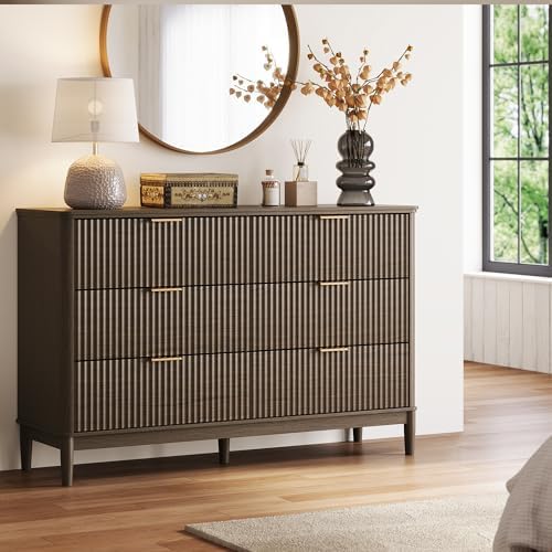 LINSY Fluted Dresser for Bedroom with 6 Drawers, Mid Century Modern Chest of Drawers with Gold Metal Handles, Wide Boho Wood Dressers, Large Farmhouse Storage Cabinet for Bedroom, Living Room, Walnut - Image 2