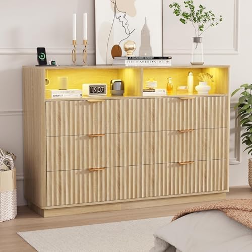VOWNER Fluted 6 Drawers Dresser for Bedroom Chest of Drawers with 2 Shelves by VOWNER