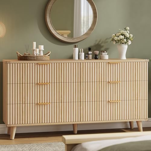 Wood Tall 6 Drawers Dresser, 53.2" W Fluted Modern Dressers for Bedroom by Lulive
