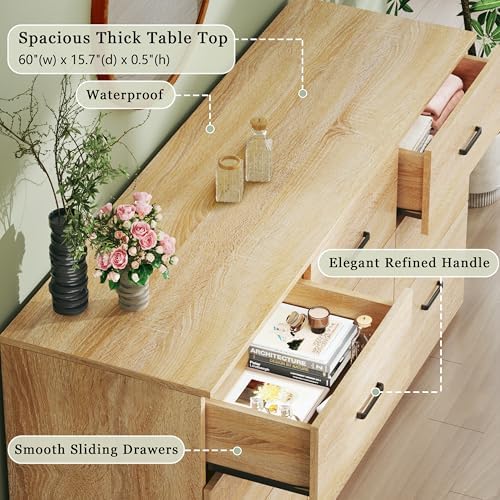 HUAHUU 9 Drawer Dresser for Bedroom, 60'' Long Mid Century Modern Dressers TV Stand, Wood Vintage Chests of Drawers, Large Storage Organizer for Bedroom, Closet, Entryway, Natural Oak - Image 3