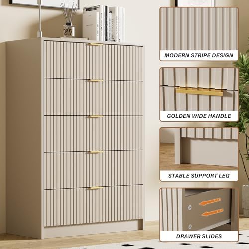 Furniway Beige Dresser for Bedroom, Modern Dresser with 5 Drawers and Smooth Slides, Wide Chest of Drawers with Golden Handles for Bedroom, Living Room, Closet, 15.7" D x 31.5" W x 47.2" H - Image 3
