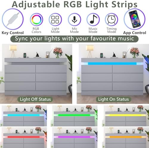 Gyfimoie 6 Drawer Dresser with Power Outlet, Dresser with LED Light - Image 4