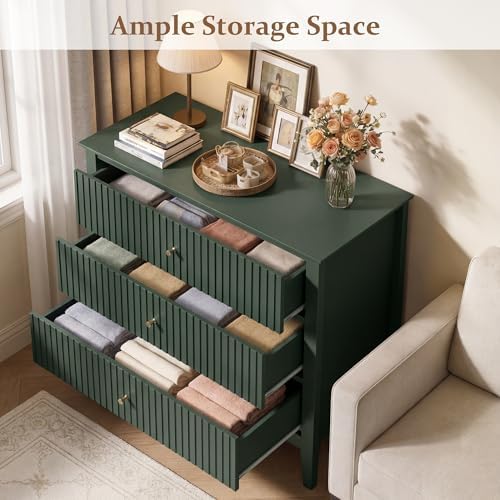 RoyalCraft Large 3 Drawer Dresser Set of 2, Fluted Chest of Drawers with Storage, Modern Painted 30 inch Tall Nightstand for Bedroom Living Room Entryway, Dark Green - Image 4