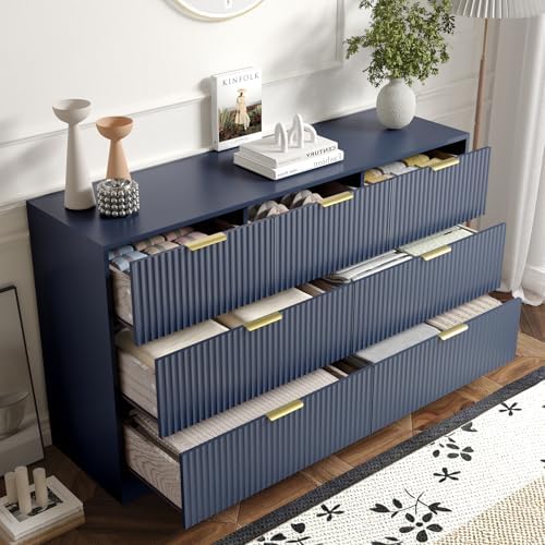 7 Drawer Fluted Dresser with Deep Drawers for Bedroom, Blue丨55 Wide Mid Century Dresser, Modern Chest of Drawers, Wood TV Stand Storage Organizer for Closet, Living Room, Hallway - Image 3
