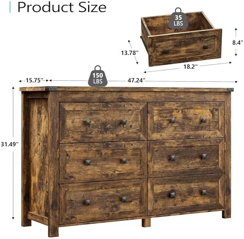 Xixini 47.2" Wide 6-Drawer Farmhouse Dresser for Bedroom, Brown - Image 3