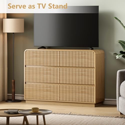 Wodeer Oak Dresser Fluted 6 Drawers Dresser for Bedroom, 47" Wide Wood Chest of Drawers with Hidden Handles & Rounded Corners, Modern TV Stand Storage Cabinet for Living Room, Hallway, Entryway - Image 3