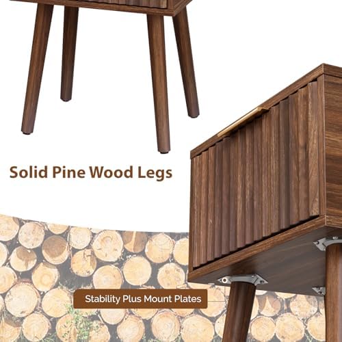 VINGLI Night Stand Set 2, Fluted Nightstands with Drawer, Mid Century Modern Nightstands Set of 2, Bedside Table, End Table, Wood Nightstand for Bedroom, Walnut, 15.75" W*11.81" D*21.85" H - Image 6