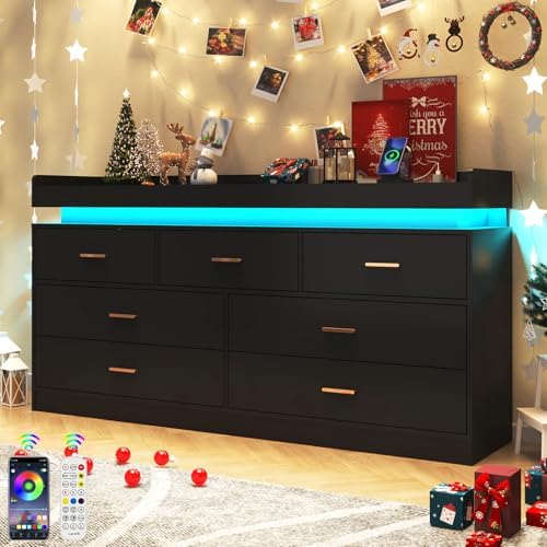 Hlivelood 7 Drawer Dresser with LED Light and Charging Station, Modern Chest of Drawers for Closet, Wide Drawer Organizer Cabinet for Bedroom, Living Room, Entryway, Hallway, Black - Image 3