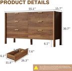 CHUWELL 6 Drawer Dresser 55" Fluted Walnut for Bedroom with Solid Wood Legs - Image 2