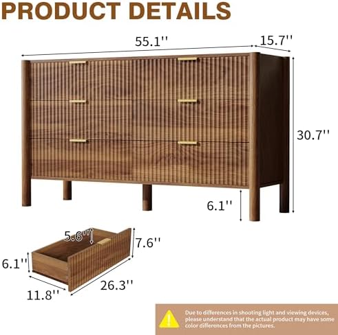 CHUWELL 6 Drawer Dresser 55" Fluted Walnut for Bedroom with Solid Wood Legs - Image 2