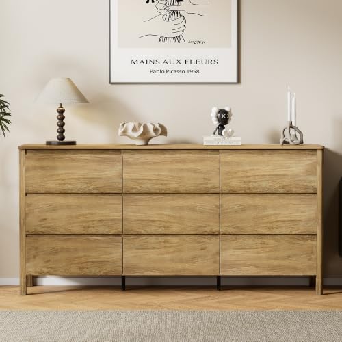 Furniway 63" Wide 9 Drawer Wood Dresser for Bedroom with Legs, Natural Oak - Image 7