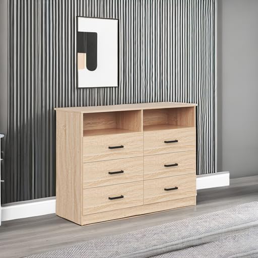 Bigbiglife 6 Drawers Dresser for Bedroom Wooden Drawer with Open Storage Cubby, Double Wide Dresser Organizer for Bedroom, Living Room, Entryway, Hallway (Light Oak) - Image 5