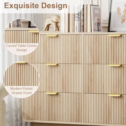 QUW Fluted 59.1" Wide Modern Dresser for Bedroom with 9 Drawers, Tall Chest of Drawers with Metal Handle, Wooden Dresser TV Stand, Hallway, Living Room, Natural Oak - Image 7