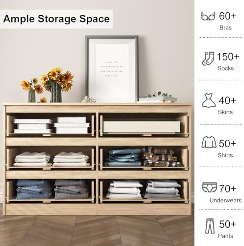 Vibe & Dine 6 Drawer Double Dresser, Modern Chest of Drawers with Wide Storage for Closet, Bedroom, Living Room, Natural Wood - Image 6