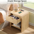 Decofy Fluted 1-Drawer Nightstand with Charging Station, Oak - Image 4