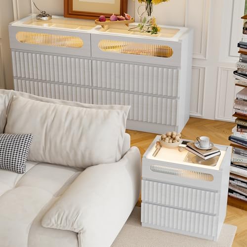 Modern Nightstand with Charging Station,Fluted 3 Drawers,White Oak Finish - Image 3
