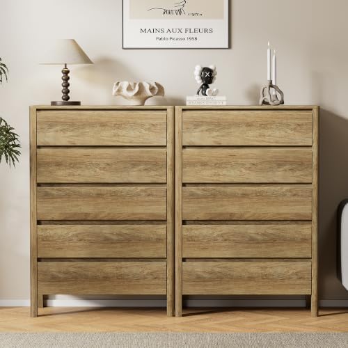 Furniway 45" Tall 5 Drawer Wood Dresser for Bedroom with Legs, Natural Oak - Image 7