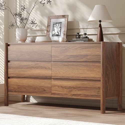 CHUWELL 47.2" Wide Walnut 6 Drawer Dresser for Bedroom with Solid Wood Legs by CHUWELLStorageCabinet