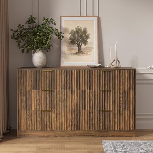 Walnut 6 Drawer Dresser for Bedroom, 55" Wide Fluted Chest of Drawers - Image 6