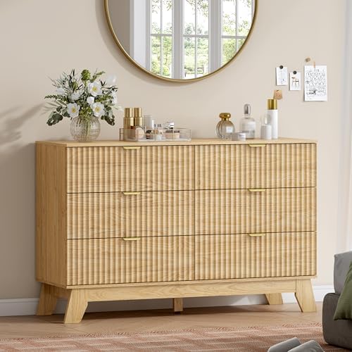 Wodeer 6 Drawer Fluted Dresser for Bedroom, Mid Century Modern Wooden Dresser with 6 Drawers, Dressers & Chests of Drawers with Metal Handle, TV Stand & Storage Organizer for Entryway, Hallway, Oak by WODEER