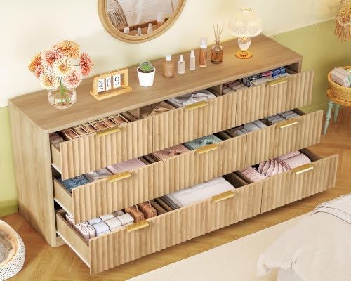 TEENFON 63" Dresser for Bedroom with 9 Drawers, Modern Dressers & Chest of Drawers with Metal Handles, Fluted Dresser, Wood Closet Clothes Storage Organizer for Living Room, Hallway, Natural - Image 4