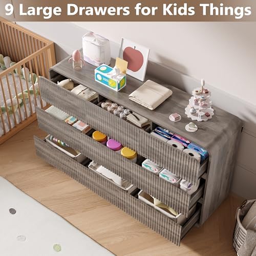 BORNOON Dresser for Bedroom with 9 Drawers, Fluted Chest of Drawers with Round Curved Corner, Hidden Handles, Modern Wood Storage Organizer for Bedroom, Nursery, Living Room - Image 3