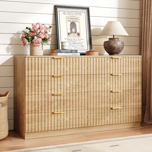 47.2" Wide Fluted 8 Drawer Dresser for Bedroom, Natural by NDOHCUO