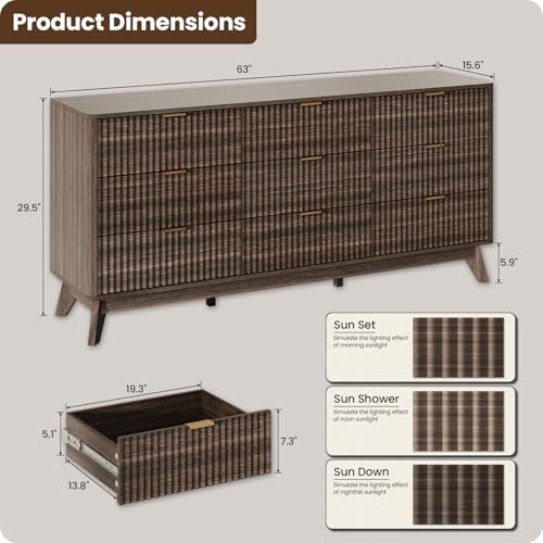 63" Wide Fluted 9 Drawers Dresser for Bedroom,Curved Edge,Walnut - Image 5