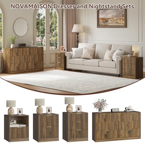 7 Drawer Dresser & 3-Drawer Nightstand Set 3-Piece, Walnut丨 Bedroom Dressers and Night Stand Set of 2, Fluted Modern Wood Chest of Drawers Storage Dressers Set for Bedroom - Image 2