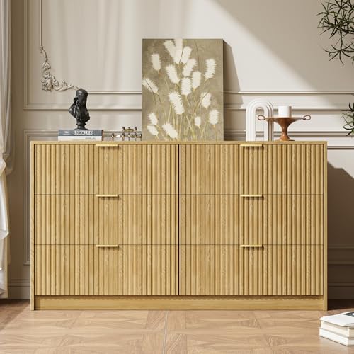 MAISONARIA 6 Drawer Dresser for Bedroom, 55" Wide Modern Chest of Drawers with Gold Metal Handles, Fluted Wood TV Stand for Living Room, Hallway, Natural - Image 6