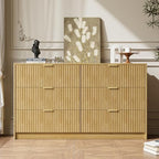 MAISONARIA 6 Drawer Dresser for Bedroom, 55" Wide Modern Chest of Drawers with Gold Metal Handles, Fluted Wood TV Stand for Living Room, Hallway, Natural - Image 6