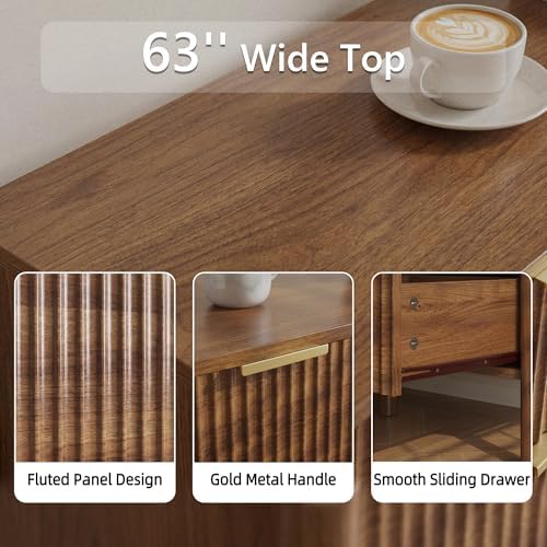CHUWELL 63" Fluted Walnut 9 Drawer Dresser for Bedroom with Solid Wood Legs - Image 4