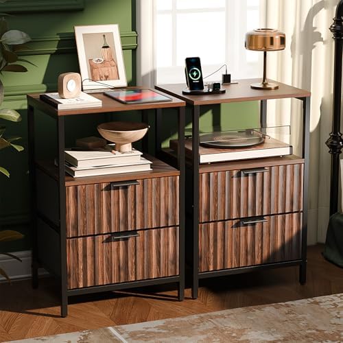 VINGLI Nightstands Set of 2 with Fabric Drawers, Walnut Nightstand with Charging Station, Night Stands Fluted Bedside Tables/End Tables with Charger Station, Side Table Bedroom, Small Night Stand by VINGLI
