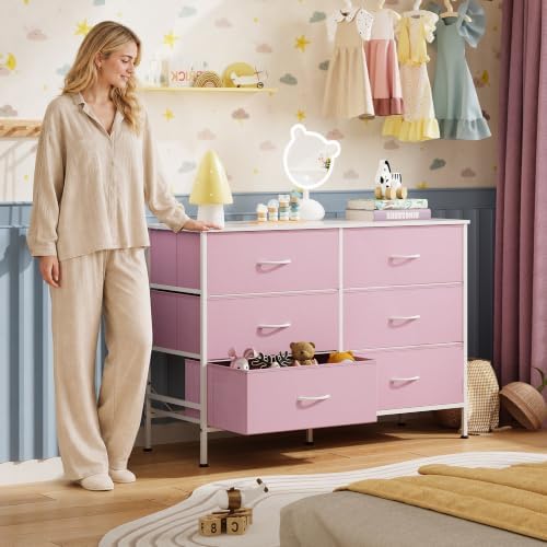WLIVE Pink Fabric Dresser for Bedroom, 6 Drawer Dressers, Chest of Drawers - Image 4