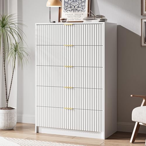 MAISONARIA 5 Drawer Dresser for Bedroom, Tall Dresser Chest of Drawers with Gold Handles, 32 Inch Wide Nightstand with for Bedroom, Living Rooms, Offices, and Entryways, White by MAISONARIA