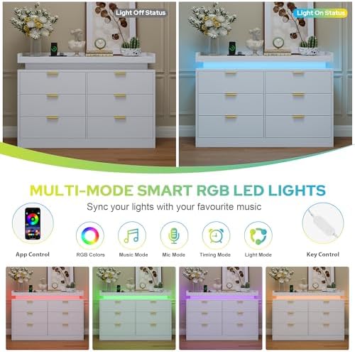 knoworld 6 Drawer Dresser for Bedroom, White Dresser with LED Lights and Power Outlet, Large Wooden Dressers Modern Chest of Drawers, Double Wide 6 Drawer Dressers for Bedroom, Entryway, Hallway - Image 5