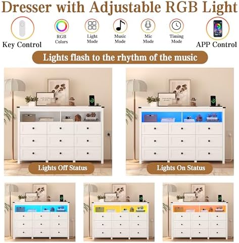 Wodeer 9 Drawer Dresser for Bedroom with LED Lights, Charging Station, Wood Chest of Drawers with Metal Handles, Modern TV Stand & Storage Organizer for Bedroom, Hallway, White - Image 5