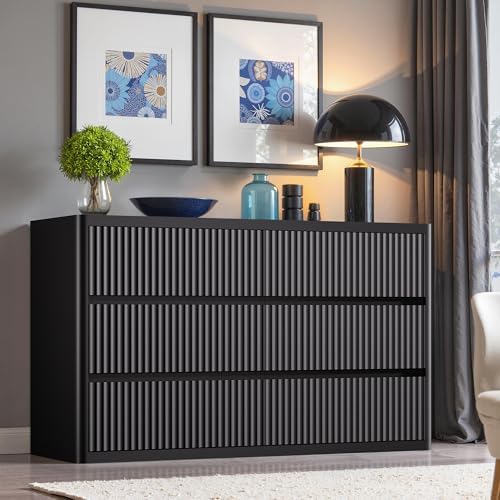 Standifurno Black 6 Drawers Double Dresser, Fluted Dresser for Bedroom, Modern Chest of Drawers with Handleless, Curved Profile Dressers TV Stand, Wood Storage Organizer for Living Room, Hallway by StandifurnoFurniture