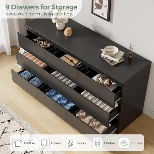 Jocoevol Modern 9 Drawer Dresser for Bedroom, Simply Chest of Drawers, Wood Storage Dresser with Deep Drawers for Living Room Hallway Entryway (Black) - Image 4