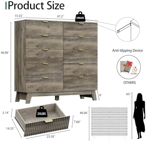 Xixini Fluted Dresser for Bedroom with 10 Drawers, 48" Wide Modern Chest of Drawers with Metal Handle, Wooden Dresser TV Stand, Wood Closet Clothes Storage Organizer for Living Room, Hallway, Grey - Image 2