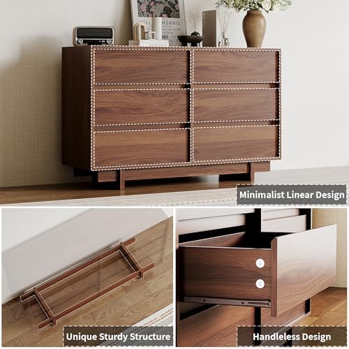 6 Drawer Walnut Dresser for Bedroom, 47" Wide Mid Century Modern Dresser - Image 3