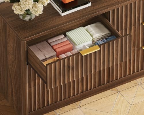 TEENFON Fluted 6 Drawer Dresser for Bedroom, Wide Modern Chest of Drawers with Metal Handle, Curved Profile Design, Wood Closet Clothes Storage Organizer for Bedroom, Hallway, Walnut - Image 6