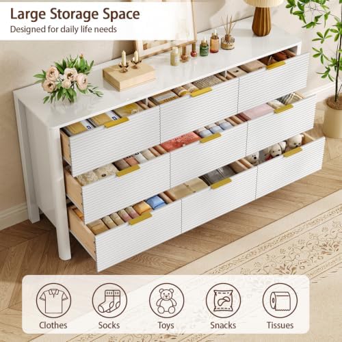 Fluted 9 Drawer Dresser, 60" Wide High Gloss Dresser for Bedroom - Image 4