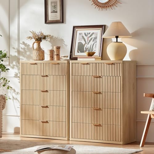 LEYAOYAO Farmhouse Fluted 6 Drawers Dresser for Bedroom, 42" Tall Modern Chest of Drawers with Curved Profile Design & Metal Handle,Natural Wood Drawer Organizer for Bedroom - Image 5