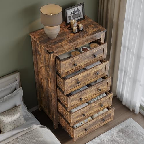 BORNOON Tall 5-Drawer Dresser, Modern Wooden Storage Chest of Drawers, Dresser TV Stand, Wood Drawer Organizer with Metal Handles for Bedroom, Living Room, Hallway - Image 4