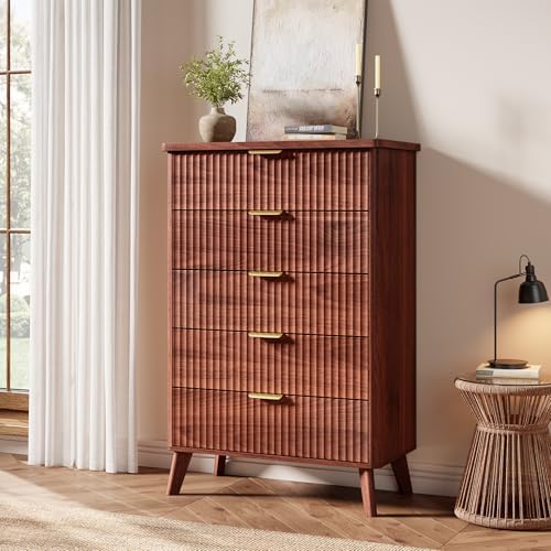 GarveeHome Fluted Dresser for Bedroom with 5 Deep Drawers, Walnut by GarveeHome